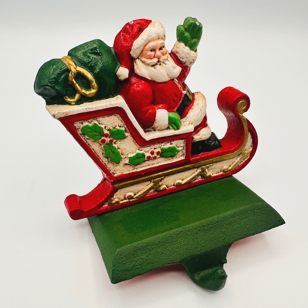 Vintage Christmas Stocking Holder Santa Claus Sleigh Figurine Red Green Metal